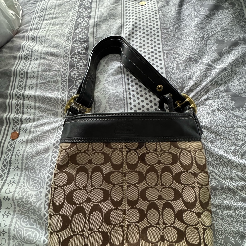 Coach Brown and Black Signature Shoulder Bag